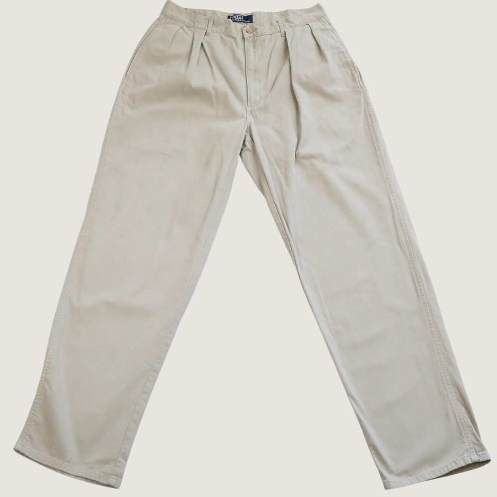 Vintage Polo Ralph Lauren Pleated Chino Pants Mens 32x32 Khaki Cotton Trousers